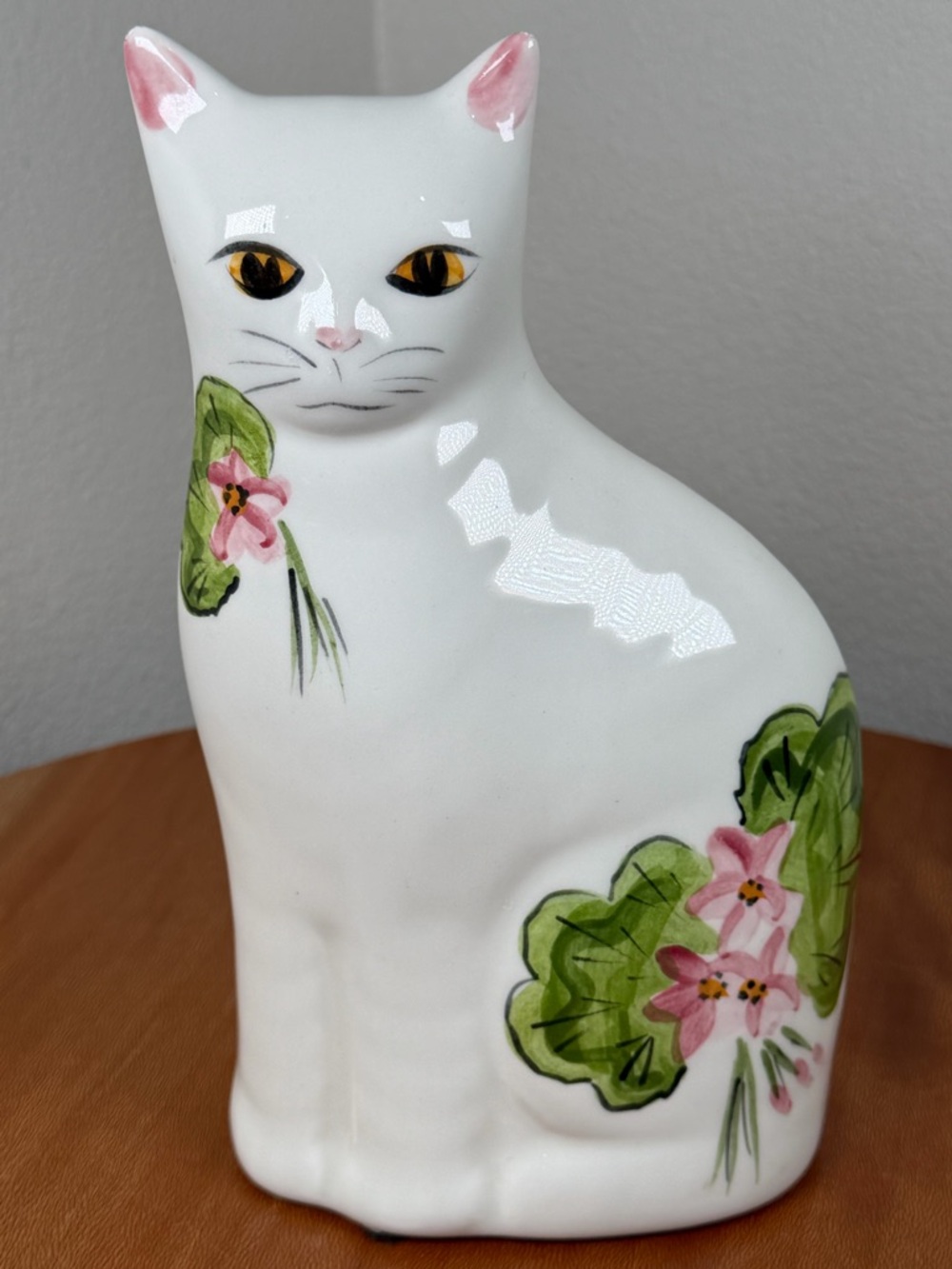 N.S. Gustin Co Ceramic Cat Hand Painted White Floral USA Vintage Feline Statue